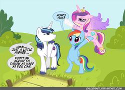 Size: 1062x771 | Tagged: safe, artist:chloenart, princess cadance, rainbow dash, shining armor, pony, g4, the crystal empire, bandage, bipedal, epic wife tossing, fastball special, grass, speech bubble, spread wings, unamused