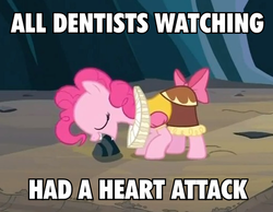Size: 490x380 | Tagged: safe, edit, edited screencap, screencap, chancellor puddinghead, pinkie pie, pony, g4, hearth's warming eve (episode), cropped, female, hearth's warming eve, image macro, mouth hold, rock, solo