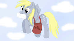 Size: 1280x720 | Tagged: safe, artist:jbond, derpy hooves, pegasus, pony, g4, female, flying, letter, mailbag, mare, mouth hold, solo