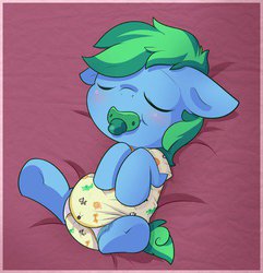 Size: 385x400 | Tagged: safe, artist:cuddlehooves, oc, oc only, oc:bonded friendship, pony, baby, baby pony, diaper, onesie, pacifier, poofy diaper, solo