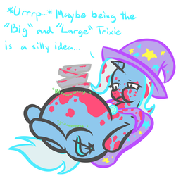 Size: 1280x1280 | Tagged: safe, artist:fatbelliedlyramod, artist:zeldafan777, trixie, pony, unicorn, g4, burp, chubby cheeks, dialogue, fat, female, mare, pie, simple background, solo, stomach noise, stuffed, the great and bountiful trixie, weight gain, what were you thinking, white background