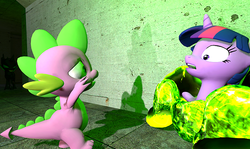 Size: 640x382 | Tagged: safe, spike, twilight sparkle, changeling, dragon, goo, pony, unicorn, g4, 3d, cocoon, female, gmod, green, hive, male, mare, rescue, slime