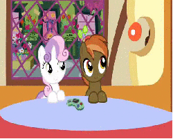 Size: 580x464 | Tagged: safe, artist:dinnerwarrior, edit, button mash, sweetie belle, g4, animated, funny as hell, gif, glass, i can't believe it's not superedit, ouch, pain, youtube poop