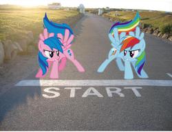 Size: 729x561 | Tagged: safe, edit, firefly, rainbow dash, g1, g4, g1 to g4, generation leap, irl, photo, ponies in real life, race