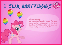 Size: 1000x733 | Tagged: safe, gameloft, pinkie pie, g4, anniversary, balloon, birthday, female, game, my little pony logo, solo, stock vector, text