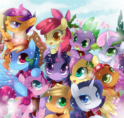 Size: 1900x1800 | Tagged: safe, artist:loyaldis, apple bloom, applejack, babs seed, fluttershy, pinkie pie, rainbow dash, rarity, scootaloo, spike, sweetie belle, twilight sparkle, alicorn, dragon, earth pony, pegasus, pony, unicorn, g4, apple sisters, belle sisters, bow, christmas, cutie mark crusaders, female, filly, hair, hair bow, heart eyes, male, mane seven, mane six, mare, open mouth, siblings, sisters, smiling, starry eyes, twilight sparkle (alicorn), wingding eyes