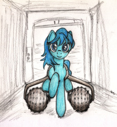 Size: 3617x3945 | Tagged: safe, artist:otherunicorn, oc, oc only, oc:lana, fallout equestria, solo, traditional art, we're no heroes, wheelchair