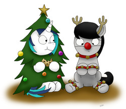 Size: 1916x1658 | Tagged: safe, artist:bobthedalek, dj pon-3, octavia melody, vinyl scratch, earth pony, pony, reindeer, unicorn, g4, antlers, bauble, bells, christmas tree, clothes, cookie, costume, duo, eating, female, red nose, reindeer antlers, stars, tree, tree costume
