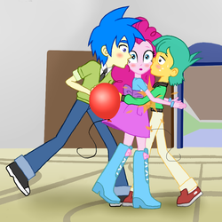 Size: 866x865 | Tagged: safe, artist:asdf314159265, pinkie pie, snails, oc, oc:rob stallion, equestria girls, g4, balloon, balloon popping, boots, bracelet, canon x oc, cheek kiss, clothes, high heel boots, jewelry, kiss sandwich, kissing, party balloon, skirt, trio