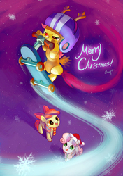 Size: 700x994 | Tagged: safe, artist:amy30535, apple bloom, scootaloo, sweetie belle, earth pony, pegasus, pony, reindeer, unicorn, g4, abstract background, antlers, apple bloom's bow, blank flank, bow, christmas, clothes, costume, cutie mark crusaders, female, filly, flapping, flapping wings, foal, hair bow, hat, helmet, holiday, looking up, merry christmas, open mouth, open smile, red nose, rudolph, rudolph the red nosed reindeer, santa hat, scarf, scootaloo can fly, scooter, signature, smiling, snow, snowfall, snowflake, trail, wings