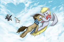 Size: 1500x1000 | Tagged: safe, artist:doublewbrothers, bulk biceps, derpy hooves, doctor whooves, thunderlane, time turner, earth pony, pegasus, pony, g4, clothes, cloud, cute, female, gay, group, male, mare, quartet, scarf, ship:doctorderpy, shipping, sky, stallion, straight, thunder biceps, thunderflake