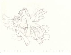 Size: 2196x1692 | Tagged: safe, artist:flashlighthouse, flash sentry, twilight sparkle, alicorn, pony, g4, female, grayscale, male, mare, monochrome, nuzzling, ship:flashlight, shipping, straight, twilight sparkle (alicorn)