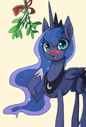 Size: 985x1461 | Tagged: safe, artist:grasspainter, princess luna, g4, blushing, female, imminent kissing, looking at you, mistletoe, simple background, solo, yellow background