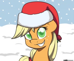 Size: 1280x1067 | Tagged: safe, artist:wiggabuysomeapples, applejack, g4, female, hat, santa hat, snow, snowfall, solo