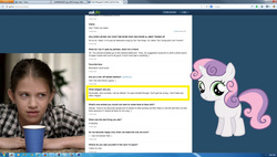 Size: 1902x1080 | Tagged: safe, sweetie belle, human, pony, unicorn, g4, ask.fm, atheism, claire corlett, irl, irl human, meta, op is trying to start shit, photo, religion