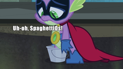 Size: 768x432 | Tagged: safe, spike, g4, power ponies (episode), bucket, humdrum costume, image macro, male, power ponies, solo, the simpsons