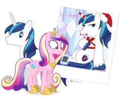 Size: 920x740 | Tagged: safe, artist:dm29, princess cadance, shining armor, alicorn, pony, unicorn, g4, bedroom eyes, candy cane, female, hat, magic, male, photo, ribbon, santa hat, sexy armor, ship:shiningcadance, shipping, simple background, straight, sultry pose, transparent background