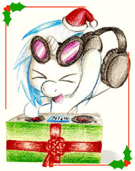 Size: 600x762 | Tagged: safe, artist:flutterluv, dj pon-3, vinyl scratch, g4, christmas, female, headphones, solo, traditional art