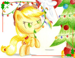 Size: 600x468 | Tagged: safe, artist:flutterluv, applejack, g4, christmas, christmas tree, female, mouth hold, rearing, solo, traditional art, tree