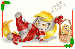 Size: 800x527 | Tagged: safe, artist:flutterluv, derpy hooves, pegasus, pony, g4, basket, christmas, cute, derpabetes, featureless crotch, female, mare, muffin, solo, traditional art