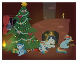 Size: 1179x973 | Tagged: safe, artist:selecteddash, rainbow dash, soarin', oc, oc:ragtag, oc:shooting star, g4, candle, christmas tree, family, female, fireplace, hearth's warming eve, male, offspring, parent:rainbow dash, parent:soarin', parents:soarindash, present, ship:soarindash, shipping, straight, tree
