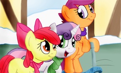 Size: 1024x616 | Tagged: safe, artist:biosonic100, apple bloom, scootaloo, sweetie belle, g4, clothes, cutie mark crusaders, scarf, scooter, snow