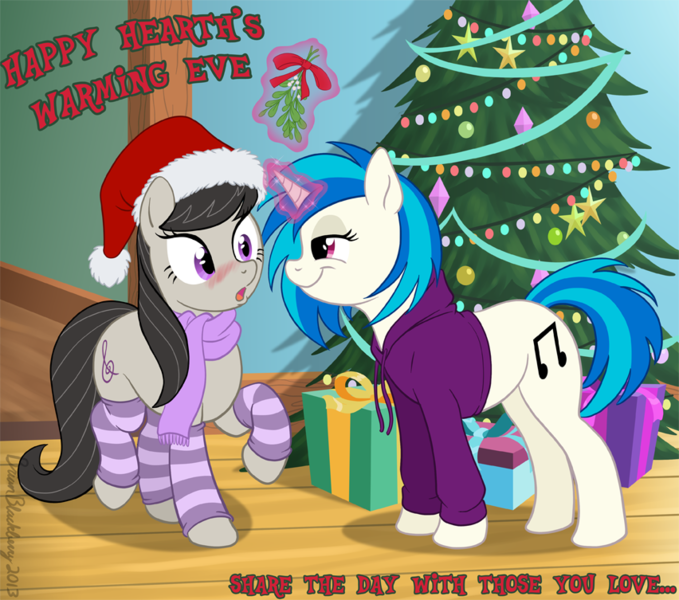 505500 - safe, artist:brianblackberry, dj pon-3, octavia melody, vinyl  scratch, earth pony, pony, unicorn, blushing, bottomless, christmas,  christmas tree, clothes, female, hat, hoodie, leg warmers, lesbian, looking  at each other, magic, mare,