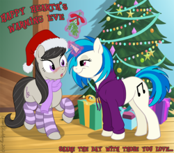 Size: 852x753 | Tagged: safe, artist:brianblackberry, dj pon-3, octavia melody, vinyl scratch, earth pony, pony, unicorn, g4, blushing, bottomless, christmas, christmas tree, clothes, female, hat, hoodie, leg warmers, lesbian, looking at each other, magic, mare, mistletoe, open mouth, partial nudity, santa hat, scarf, ship:scratchtavia, shipping, smiling, telekinesis, tree