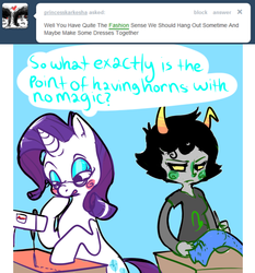 Size: 500x537 | Tagged: safe, artist:clockworkquartet, rarity, pony, unicorn, g4, blue background, female, glasses, homestuck, kanaya maryam, mare, sewing machine, simple background, troll (homestuck)