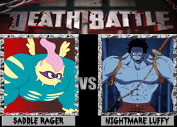 Size: 1008x720 | Tagged: safe, fluttershy, saddle rager, g4, death battle, exploitable meme, meme, monkey d. luffy, nightmare luffy, one piece, power ponies