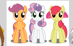 Size: 1024x647 | Tagged: safe, apple bloom, scootaloo, sweetie belle, turnabout storm, g4, ace attorney, apollo justice, athena cykes, double rainboom puppet, older, seems legit, simple background, teaser, turnabout unity, vector, white background