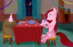 Size: 2600x1689 | Tagged: safe, artist:andergrin, madame leflour, pinkie pie, g4, candy, cookie, crescent moon, cup, curtains, night, pinkamena diane pie, plate, radio, stool, table, teapot