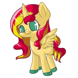 Size: 1280x1280 | Tagged: safe, artist:rue-willings, sunset shimmer, alicorn, pony, g4, alicornified, crown, cute, female, filly, filly sunset shimmer, race swap, shimmercorn, simple background, solo, spread wings, transparent background, wings, younger