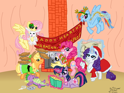 Size: 800x600 | Tagged: safe, artist:wryte, angel bunny, applejack, derpy hooves, fluttershy, pinkie pie, rainbow dash, rarity, spike, twilight sparkle, pegasus, pony, g4, banner, bloated, clothes, female, fireplace, hearth's warming eve, holly, horseshoes, library, mane seven, mane six, mare, pie, reindeer antlers, rudolph dash, santa costume, scarf, sweater, tv tropes