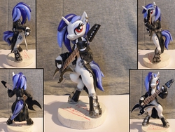 Size: 3968x2976 | Tagged: safe, artist:retardeddogproductns, dj pon-3, vinyl scratch, g4, boots, clothes, earring, electric guitar, guitar, heavy metal, irl, jacket, leather jacket, metal, musical instrument, photo, present, sculpture, solo