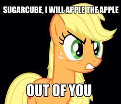 Size: 966x828 | Tagged: safe, applejack, earth pony, pony, g4, angry, apple, blonde, buy some apples, female, glare, gritted teeth, hatless, image macro, mare, messy mane, missing accessory, solo, sugarcube, threat, wat