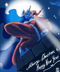 Size: 1000x1200 | Tagged: safe, artist:gela-g-i-s-gela, princess luna, tiberius, opossum, anthro, unguligrade anthro, g4, backlighting, bag, candy cane, chimney, clothes, dress, female, hat, low angle, merry christmas, moon, mouth hold, santa costume, santa hat, solo, stockings