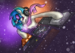 Size: 2048x1441 | Tagged: safe, artist:distoorted, dj pon-3, vinyl scratch, pony, unicorn, g4, breath, clothes, female, headphones, hooves, horn, mare, mixing console, scarf, smiling, snow, solo, sunglasses, teeth