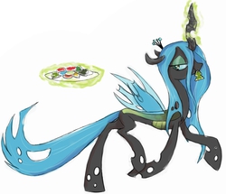 Size: 2131x1831 | Tagged: source needed, safe, queen chrysalis, changeling, changeling queen, g4, christmas, cookie, eating, female, magic, mouth hold, plate, simple background, solo, telekinesis