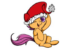 Size: 1024x768 | Tagged: safe, artist:platypuswithfez, scootaloo, pegasus, pony, g4, chest fluff, cute, cutealoo, female, filly, hat, hnnng, one eye closed, santa hat, simple background, solo, white background, wink