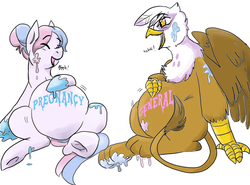 Size: 1766x1309 | Tagged: safe, artist:dolly, gilda, oc, oc:bundle joy, griffon, g4, /mlp/, belly, laughing, pregnant, sticky