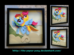 Size: 1280x958 | Tagged: safe, artist:the-paper-pony, rainbow dash, scootaloo, g4, cloud, commission, flying, photo, ponies riding ponies, riding, scootaloo riding rainbow dash, scootalove, shadowbox