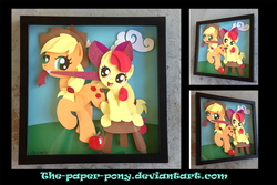 Size: 1280x855 | Tagged: safe, artist:the-paper-pony, apple bloom, applejack, g4, apple, cloud, cloudy, commission, mouth hold, photo, shadowbox, stool