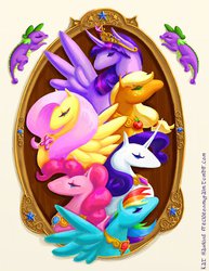 Size: 502x650 | Tagged: safe, artist:freckleonmypalm, applejack, fluttershy, pinkie pie, rainbow dash, rarity, spike, twilight sparkle, alicorn, pony, g4, elements of harmony, female, mane seven, mane six, mare, twilight sparkle (alicorn)