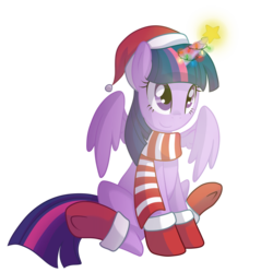 Size: 1760x1750 | Tagged: safe, artist:drawntildawn, twilight sparkle, alicorn, pony, g4, boots, christmas lights, clothes, cute, female, hat, mare, santa hat, scarf, simple background, smiling, solo, stars, transparent background, twilight sparkle (alicorn)