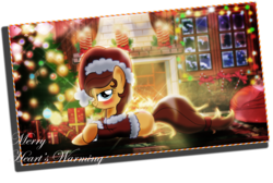 Size: 3312x2232 | Tagged: safe, artist:ruhisu, oc, oc only, oc:cream heart, earth pony, pony, bedroom eyes, blushing, candle, candy cane, christmas, christmas lights, clothes, decoration, earth pony oc, female, fireplace, looking at you, mare, pillow, present, ribbon, santa costume, smiling, solo, tree