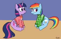 Size: 1635x1047 | Tagged: safe, artist:rapidstrike, rainbow dash, twilight sparkle, alicorn, pony, g4, christmas, christmas sweater, clothes, duo, female, mare, twilight sparkle (alicorn)