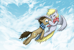 Size: 1500x1000 | Tagged: safe, artist:doublewbrothers, derpy hooves, doctor whooves, time turner, pegasus, pony, g4, cloud, cloudy, female, heart, male, mare, ship:doctorderpy, shipping, sky, straight