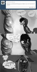 Size: 730x1408 | Tagged: safe, artist:jokerpony, princess luna, queen chrysalis, ask teen chrysalis, g4, clothes, cocoon, comic, goth, grayscale, hoodie, monochrome, tumblr
