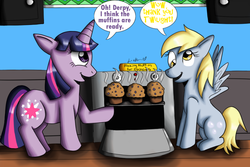 Size: 864x576 | Tagged: safe, artist:warped-dragonfly, derpy hooves, twilight sparkle, pegasus, pony, unicorn, g4, baking, duo, female, food, mare, muffin, oven